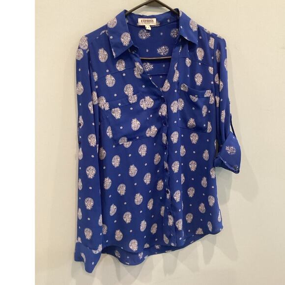 Express Portofino Shirt Size M Royal Blue Paisley Roll Tab Sleeve Work Office - Picture 1 of 9